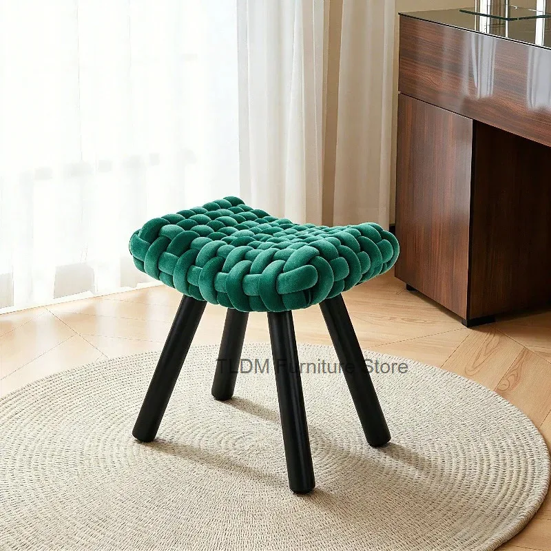 Stylish Modern Knotted Velvet Vanity Stool, Stool with Metal Legs,Unique Handwoven Compact Accent Seat for Bedroom & Living Room