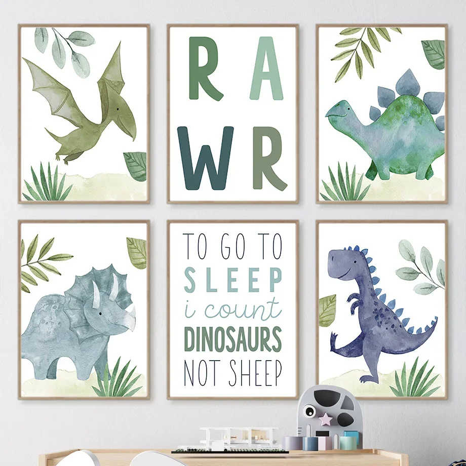 

Green Leaf Dinosaur Growth Quotes Wall Art Canvas Painting Nordic Posters And Prints Cartoon Wall Pictures For Kids Room Decor