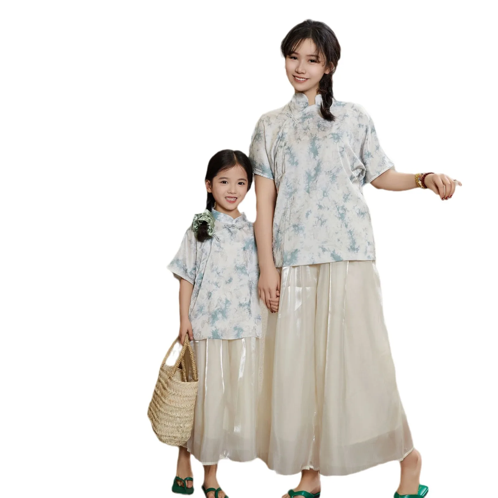 Ropa para padres e hijos, ropa china con hebilla de satén para madre e hija, ropa a juego para madre e hija, verano