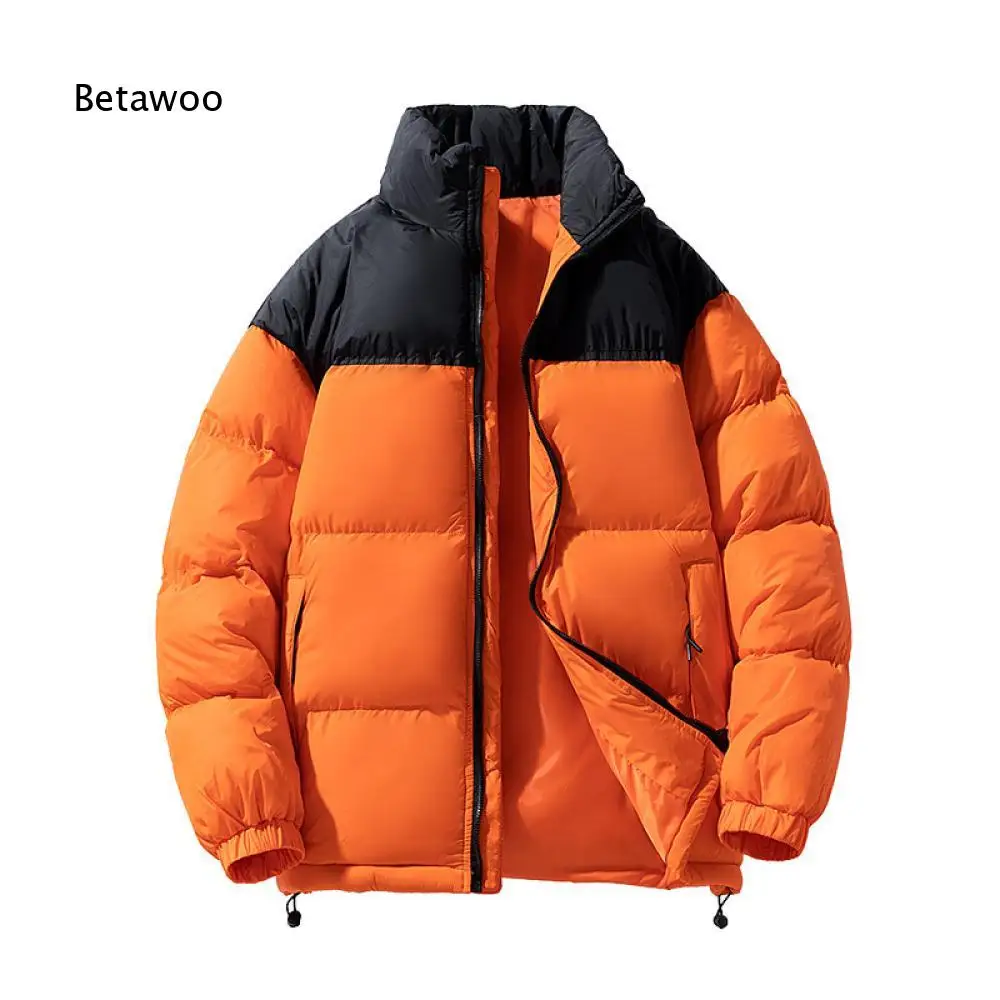 Men Color Block Stand Collar Down Puffer Jacket Full Zip Elastic Cuffs Drawstring Hem Zipper Side Pockets Warm Outerwear