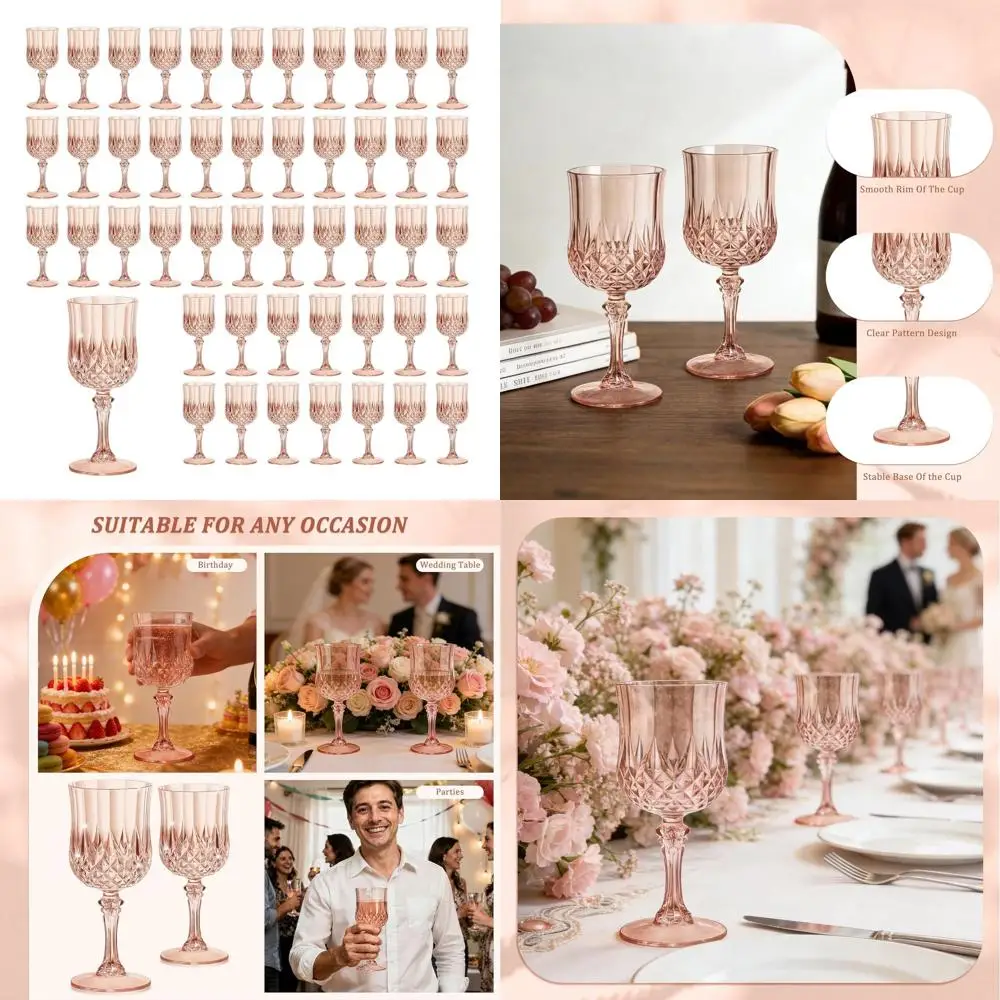 

7 oz Rose Gold Plastic Wine Glasses - Unbreakable Champagne Goblets for Festive Occasions & Parties