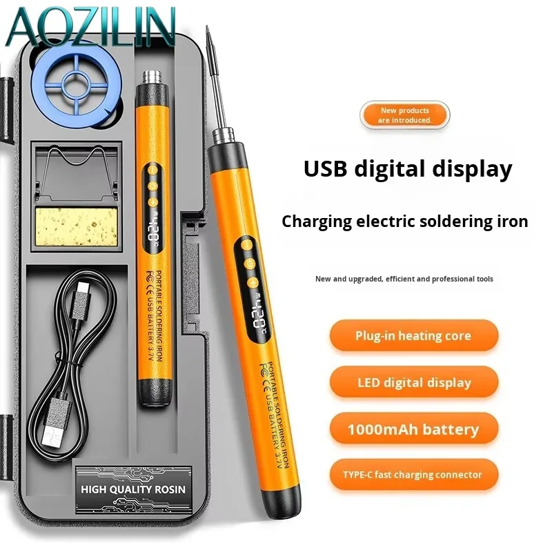 AOZILIN Portable 1000mAh Lithium Battery Soldering Iron USB-C Fast Charging Digital Temperature Display 200-420°C Adjustable
