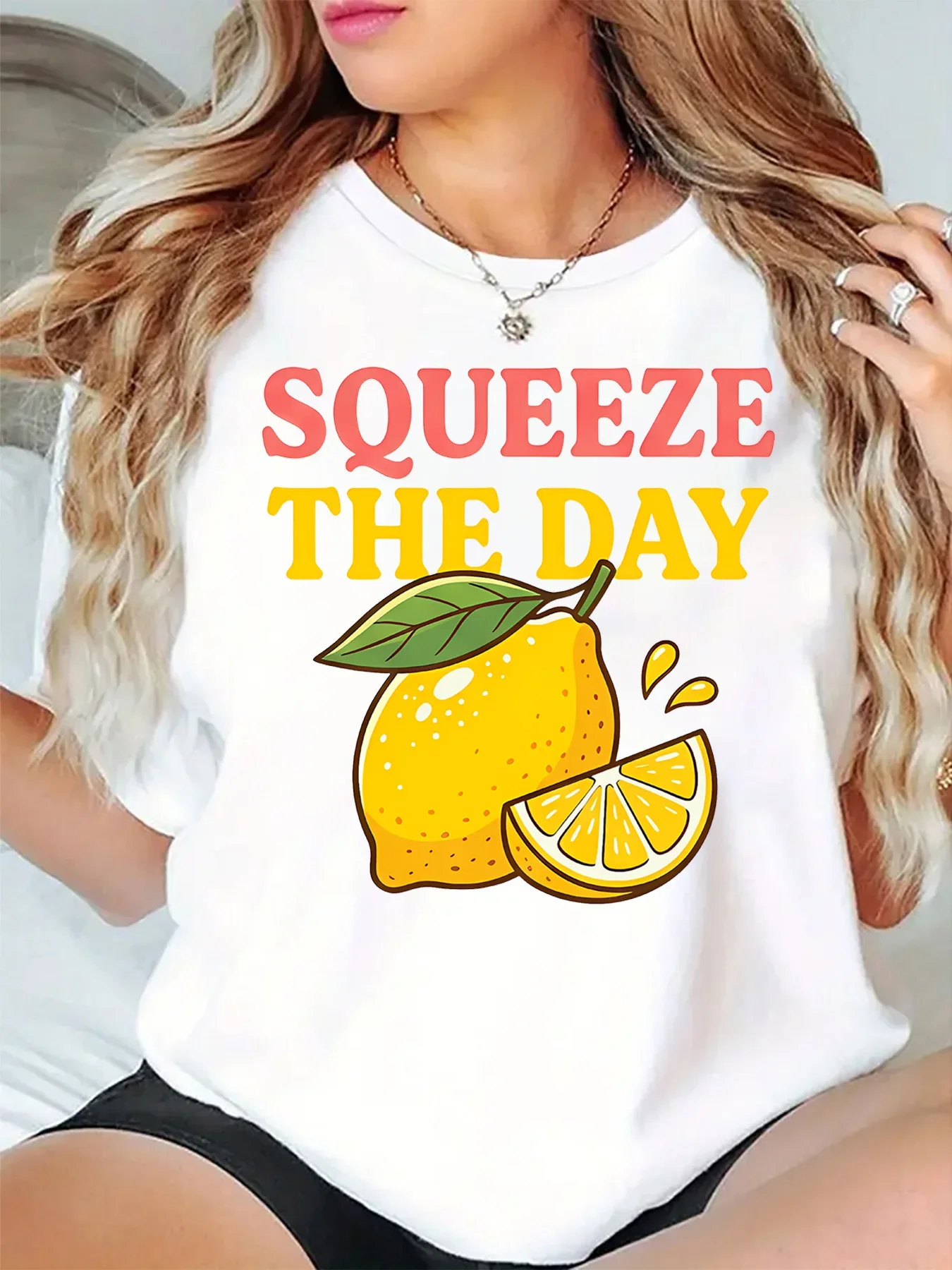 Squeeze The Day Cute Lemon Fruit Graphic Womens T Shirt Short Sleeve Crew Neck Positive Slogan Casual Daily Ladies Tee Tops