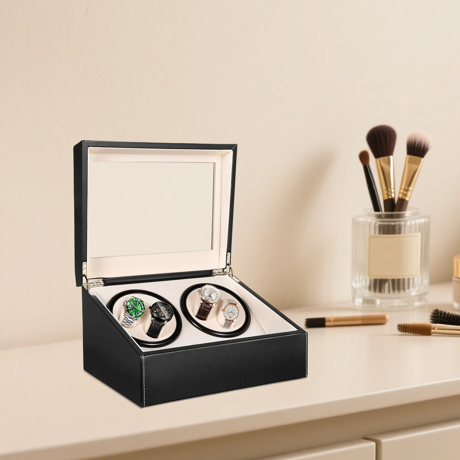 صندوق ملفاف ساعة أوتوماتيكي بمحرك هادئ مع 6 وسائد صلبة، صندوق عرض متعدد الوظائف لخزانة المنزل ومحبي الساعات