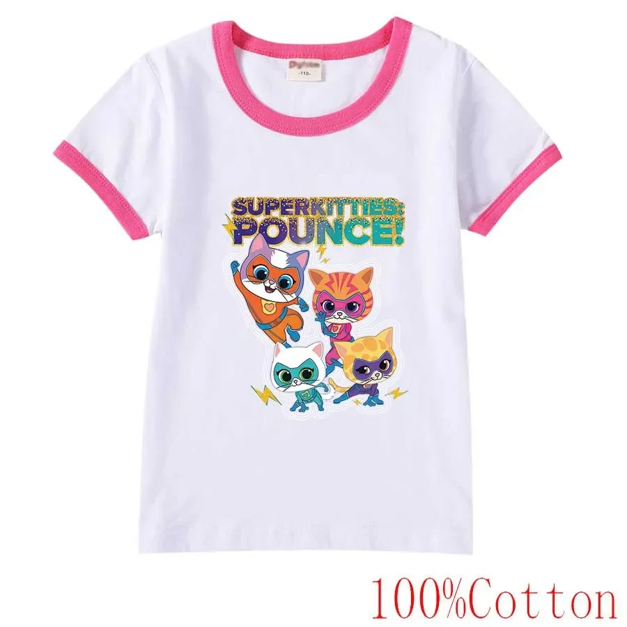 

Cartoon SuperKitties T Shirt Kids Super Cats Clothes Baby Girls 2024 Summer Tops Junior Boys Casual T-shirt Children's Clothing