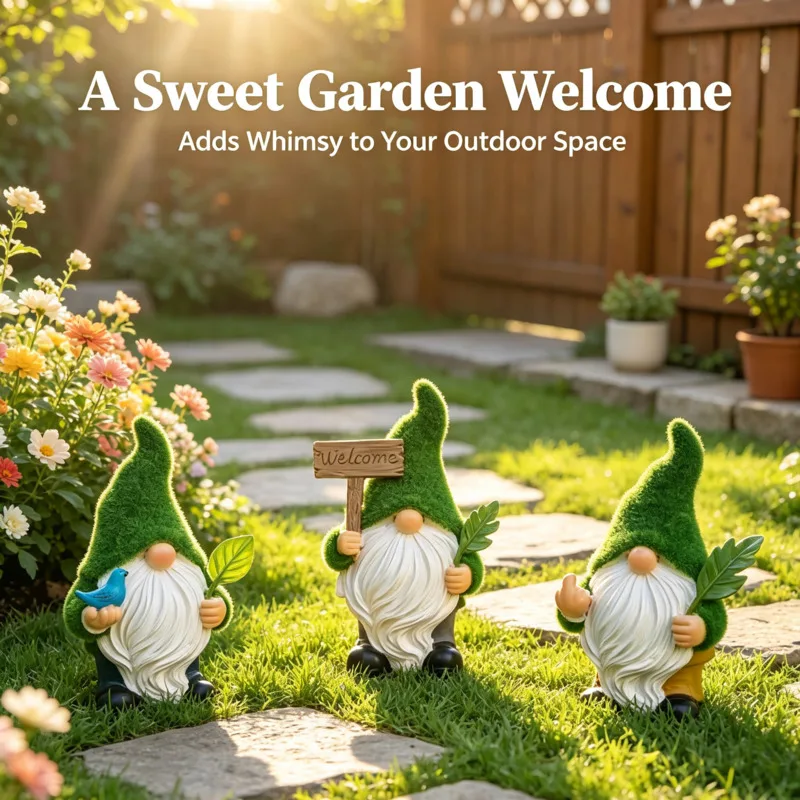 3Pcs Creative Waterproof Flocked Resin Gnome Statue With Welcome Sign For Garden Flower Pot Fish Tank Outdoor Lawn Patio Decor