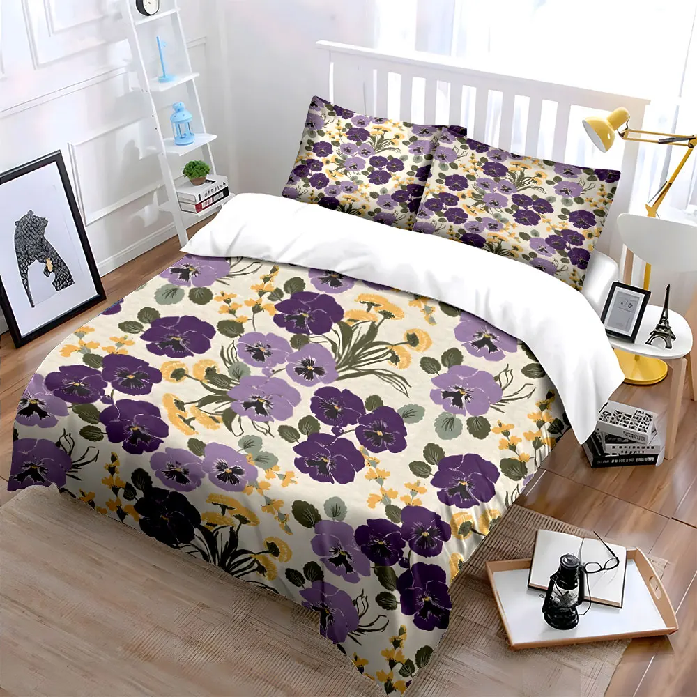 

Classic Pansy and Wildflower Botanical Printed 3PC Set,kid's and adults' bedroom decor, Exquisite three-piece bedding set gift
