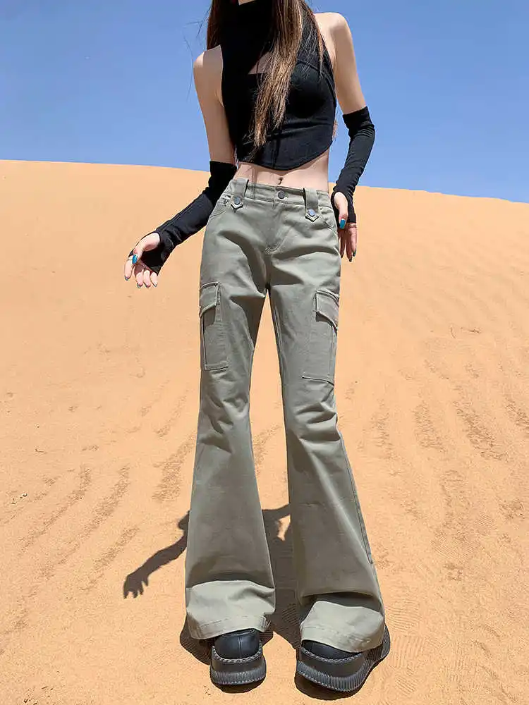 

Женские брюки-клеш с высокой талией, облегающие, светлые, эластичные, повседневные, осенние, модные, с деталями на карманах