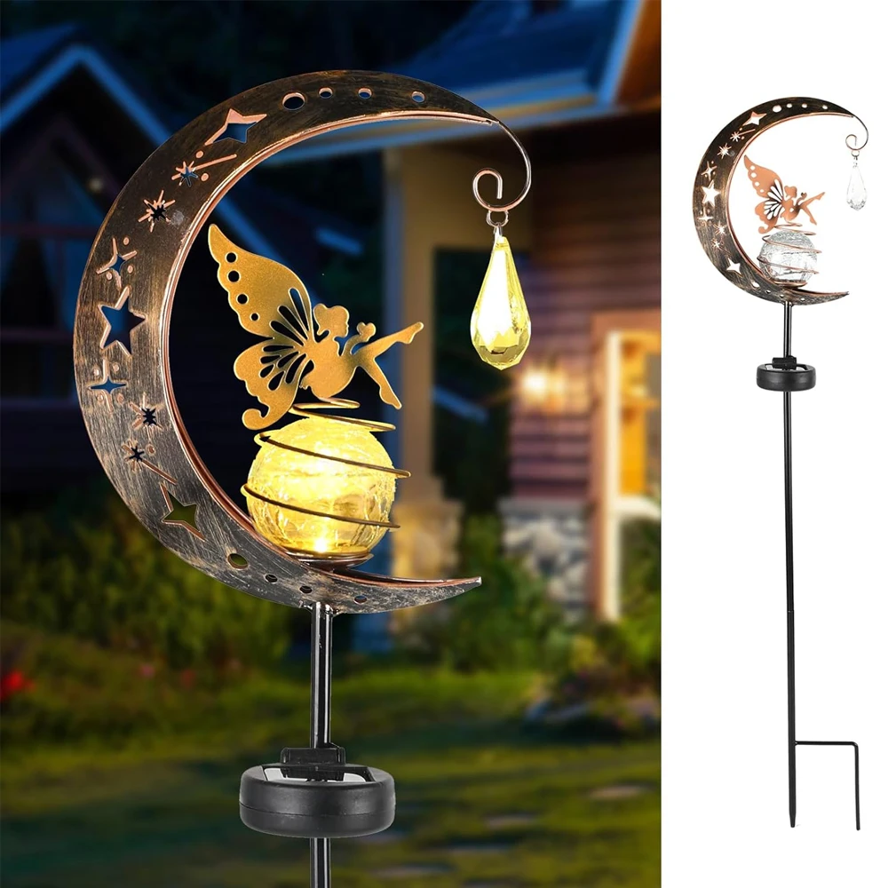 

Fairy Garden Solar Stake Lights Outdoor, Crackle Glass Globe with Metal Angle Stake Warm White LED Light for Lawn Patio Pathway