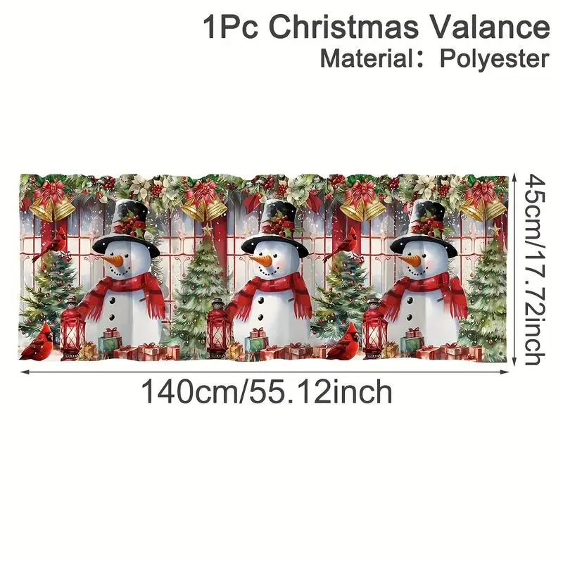 VIKAMA Christmas Window Valance Snowman Xmas Tree Cardinal Gift Print Short Curtain Kitchen Window Holiday Festive Rod Pocket