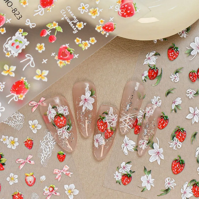 

1 шт. наклейки для дизайна ногтей с клубникой и белыми цветами - самоклеящиеся 3D-наклейки для маникюра, украшения для ногтей своими руками