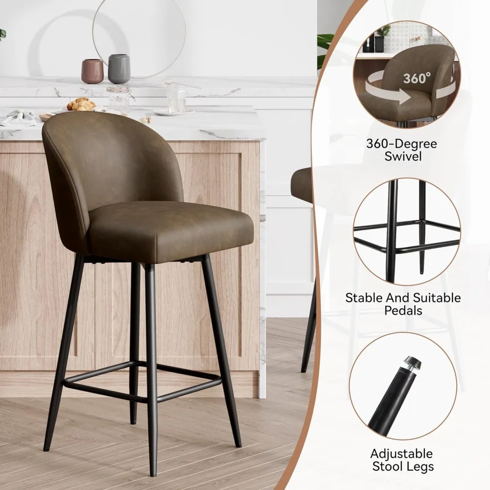 Counter Height Bar Stools Set of 4,360° Swivel Barstools with High Back and Metal Legs,26" Seat Height, Upholstered PU Leather