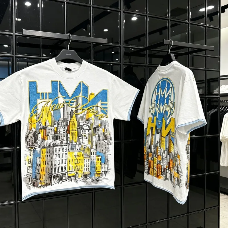 

Rhinestone Letter White Blue Patchwork Distressed Hem HARMONY Tshirts Graffiti Architecture Building Men Women Short Sleeve Tops