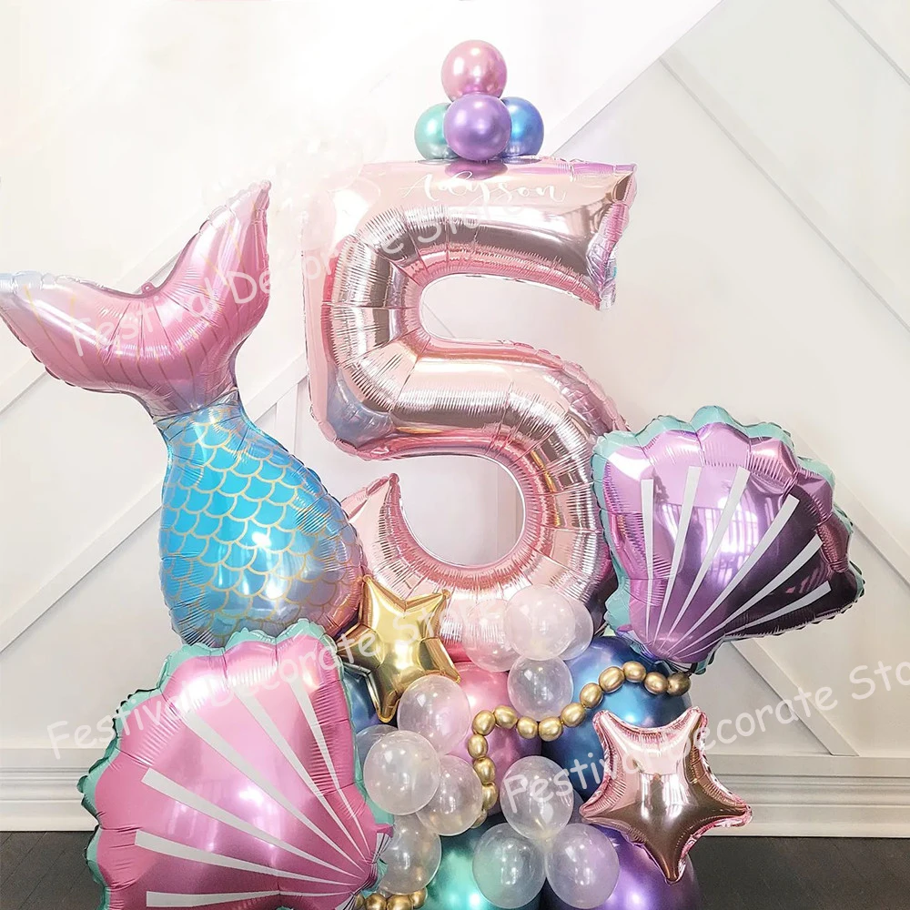 Globos de cola de sirena de 33 piezas, 1, 2, 3, 4, 5, 6, 7, 8, 9, Globos de aluminio con número de oro rosa, decoraciones para fiesta de cumpleaños de niños, Globos para Baby Shower