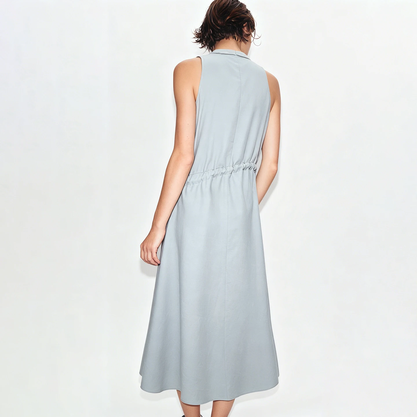 Amii Sleeveless Womens Dresses 2026 Summer New V-Neck Linen Blend Breathable Drawstring Tie A-Line Elegant Long Dress 12652013