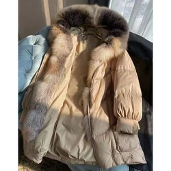 MENINA BONITA 2023 New Natural Real Fox Fur Collar Long White Duck Down Jacket Winter Women Warm Coat Thick Outerwear Streetwear