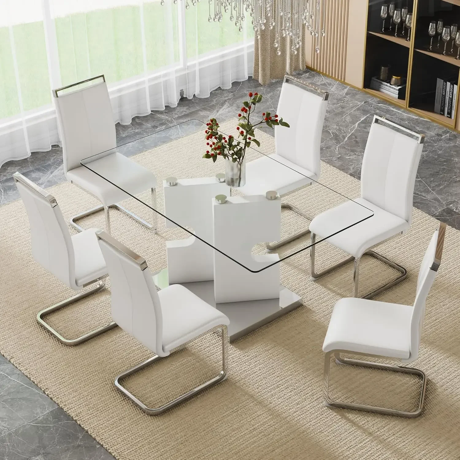 

Dining Table and Chairs, Fits 6, White Glass Table with Faux Leather Chairs, Kitchen Display Table, 6-Piece Dining Tables Set