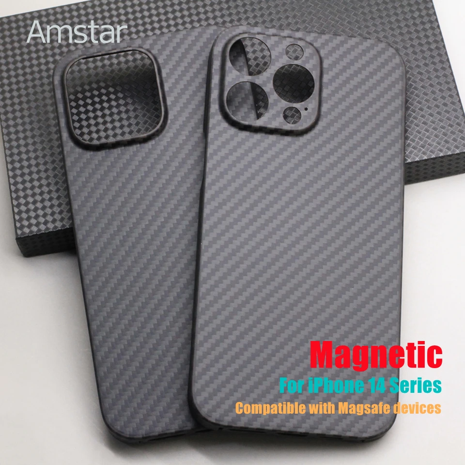 

Amstar Magnetic Carbon Fiber Phone Case for iPhone 14 Pro Max 14 Plus Ultra-thin Anti-drop Aramid Fiber Cover Support Magsafe