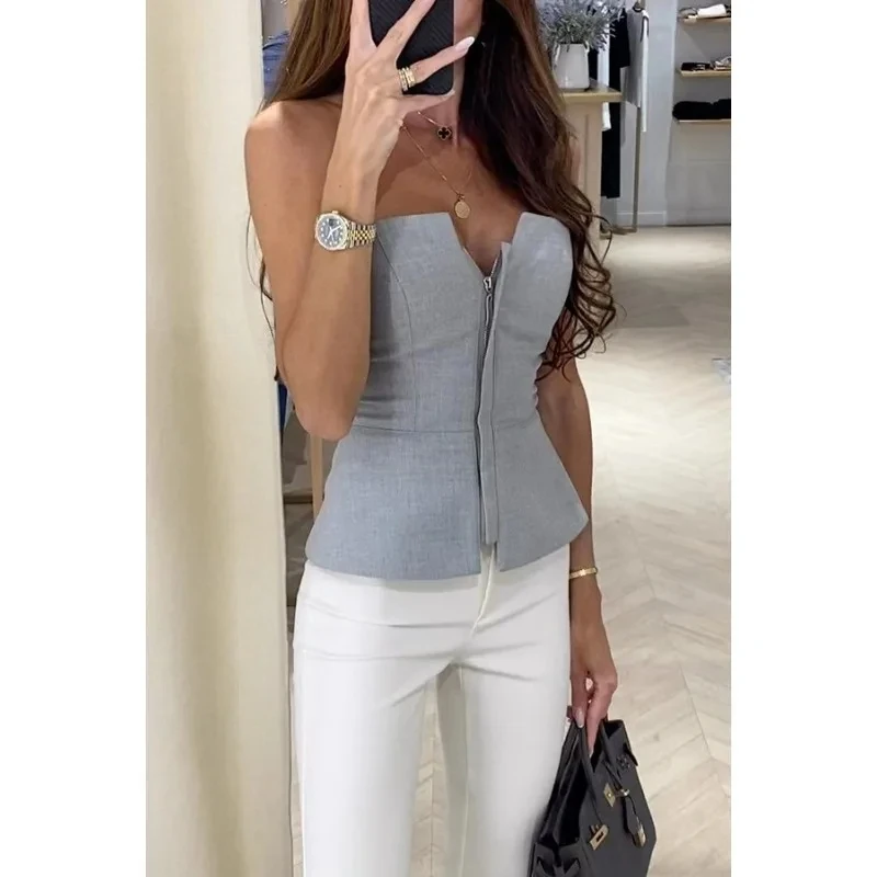 Multi Color Zipper Strapless Women's Spring and Summer New Item,  Top with A Single Neckline, Fashionable