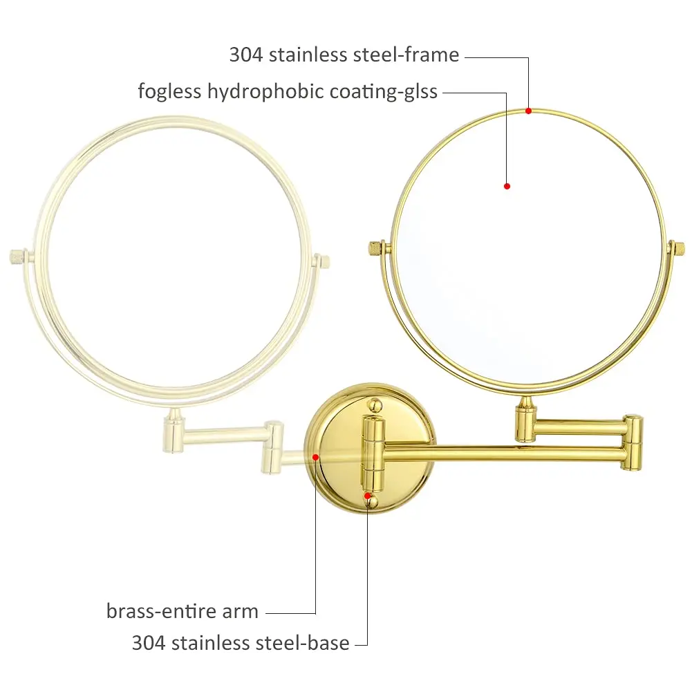 مرآة مكياج من GURUN مقاس 6 بوصة/8 بوصة مثبتة على الحائط مزدوجة الجوانب من النحاس الصلب 3X/5X/7X/10X مرآة حمام ذهبية مصقولة