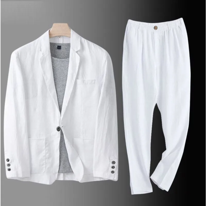 KIDWHXR Sommer Herrenanzug Einreihiger Blazer mit Taschen Elastische Taille Hose Dünnes Baumwoll-Leinen Atmungsaktives 2-teiliges Outfit – Detail 5