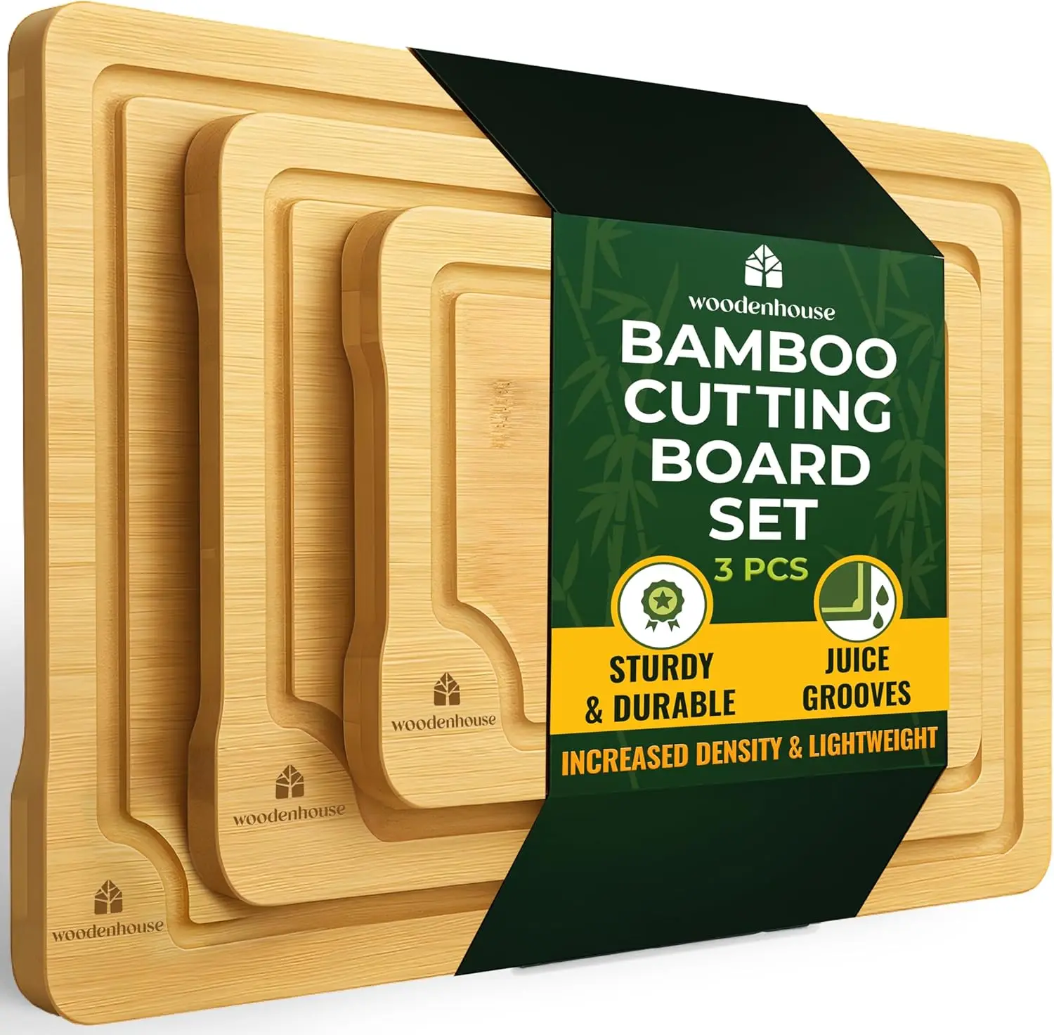 Set of 3 Bamboo Cutting Boards for Kitchen with Deep Juice Grooves and Built-in Handles, Large Surface for Meat, Vegetables and