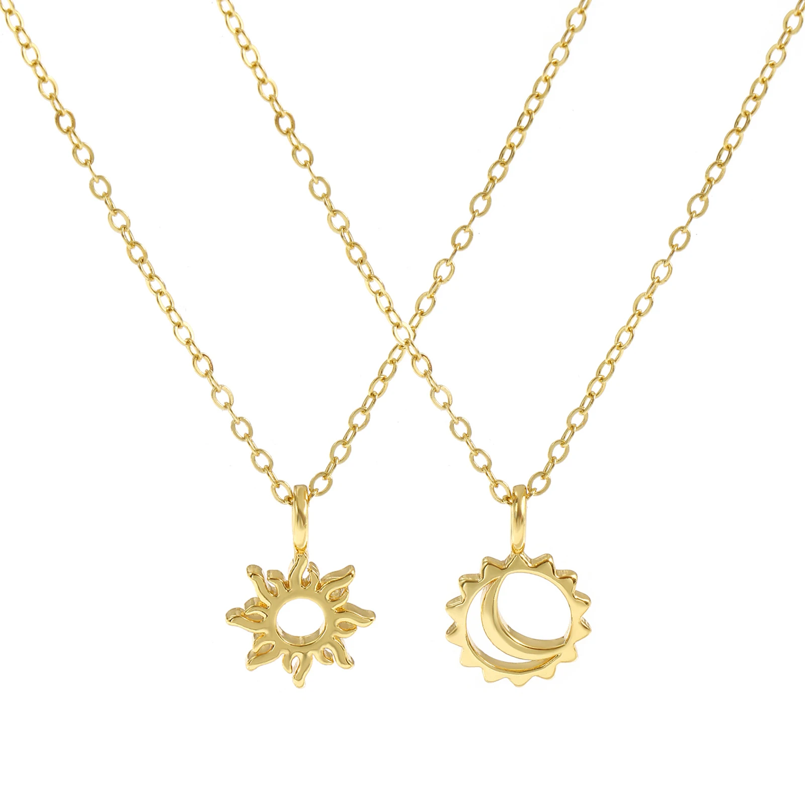 Sun Moon Pendant Charm Necklace Brass 18K Gold Plated Link Cable Chain 46cm(18.1
