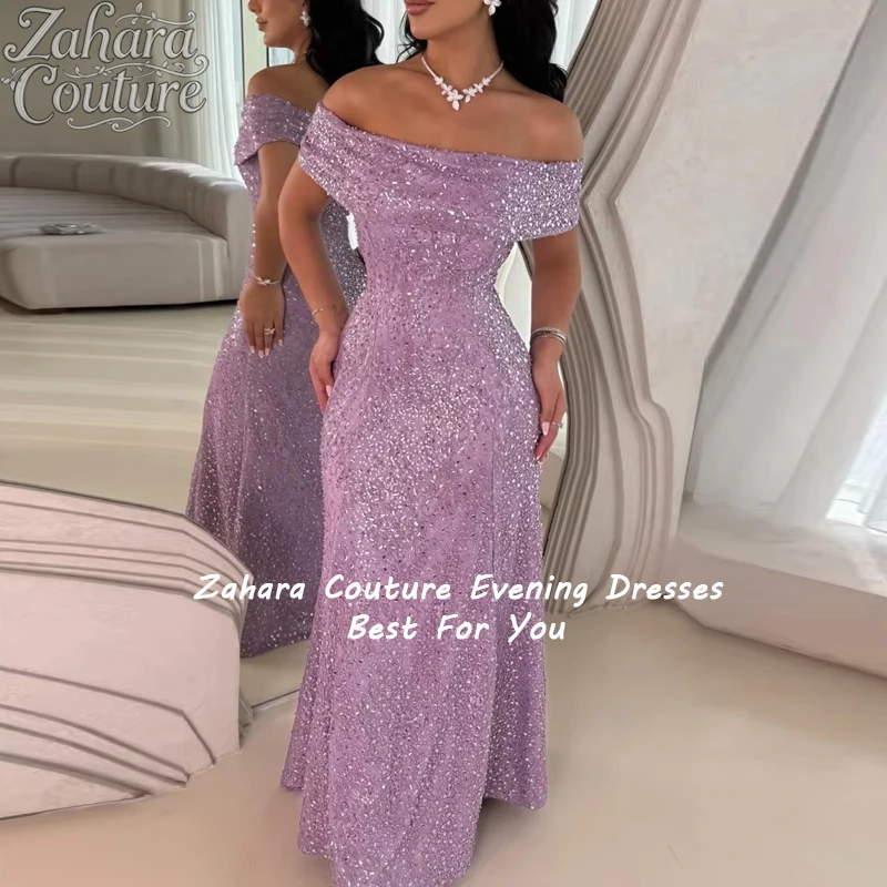 Zahara Customized Lavender Off Shoulder Sleeveless Evening Dress 2026 Beading Sequin vestidos de noche Formal Prom Dress