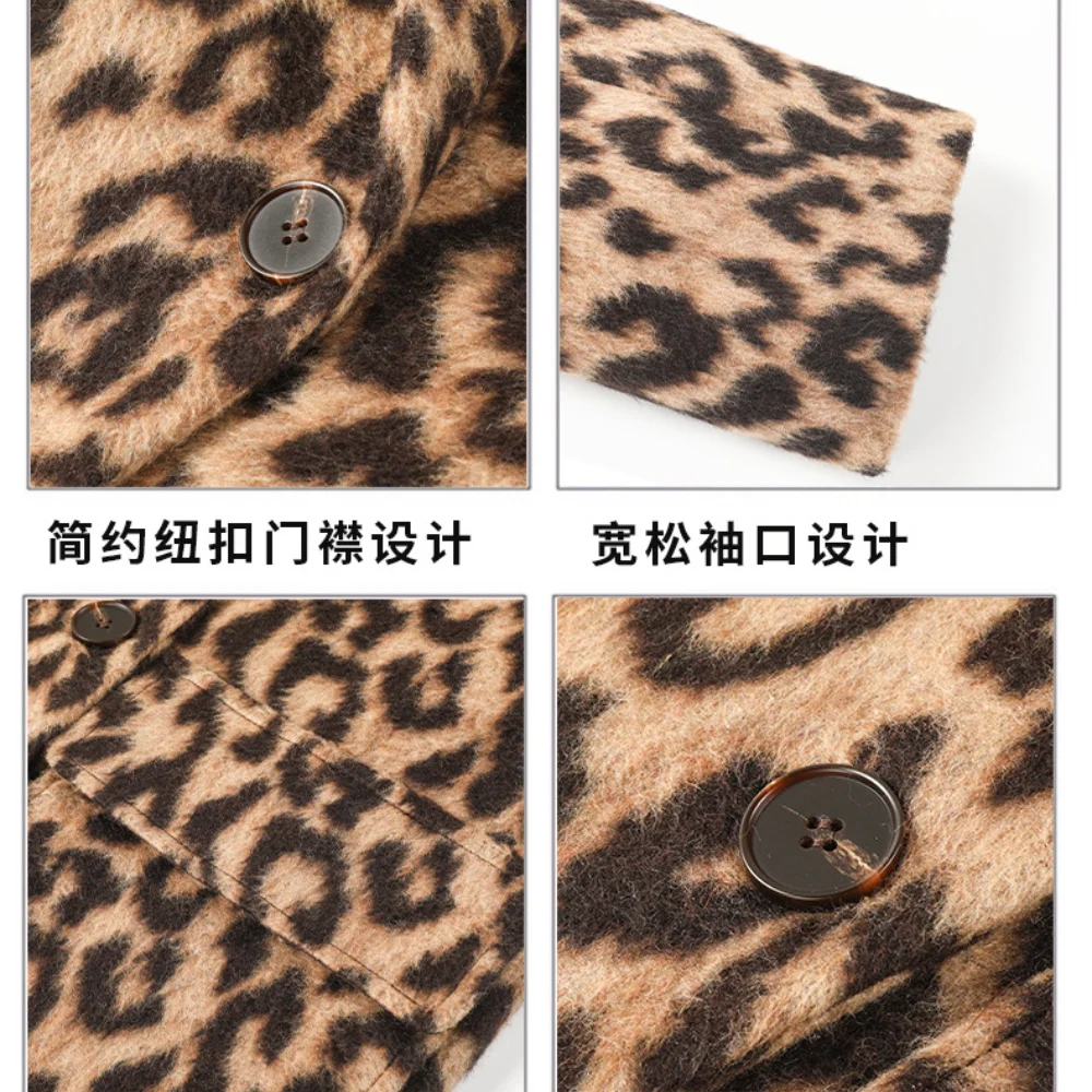 Vintage Women Winter Coats Leopard Lapel Double Breasted Mid Long tweed Long Sleeve Big Pockets Winter Woollen Blends jacket