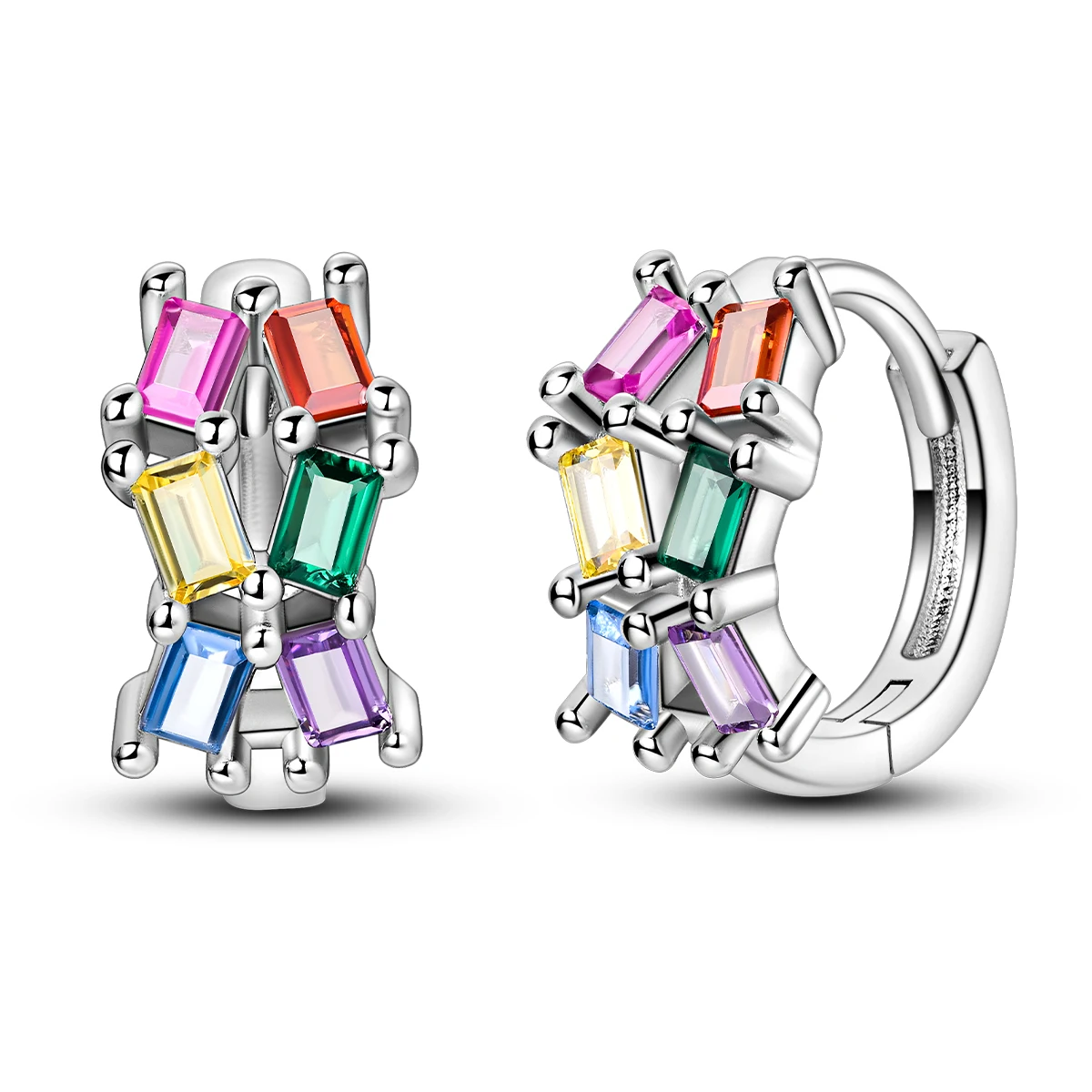 Pendientes de Aro Cuadrados de Plata de Ley 925 con Circonitas Multicolor Arcoíris para Mujer, Joyería Vibrante, Linda, de Verano, de Playa, Moderna y a la Moda