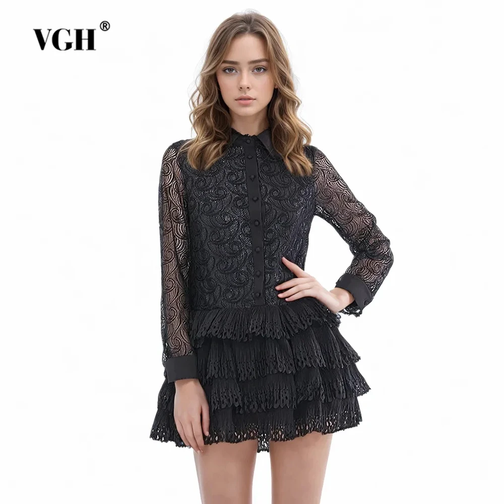 VGH Hollow Out Solid Patchwork Tierred Mini Dress For Women Lapel Long Sleeve High Waist Minimalist Casual Dresses Female New