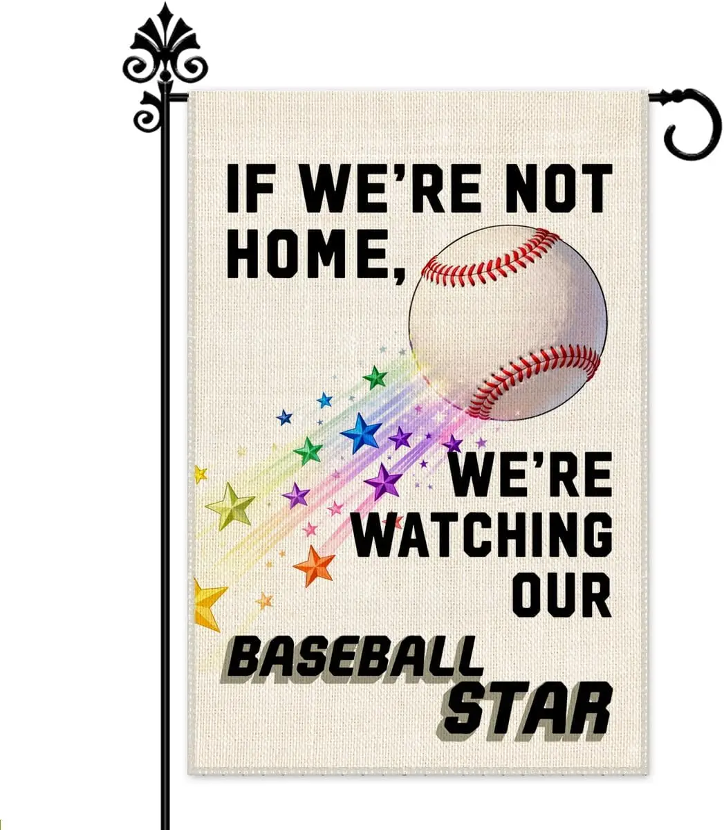 Hafhue If We're Not Home, We're Watching Our Baseball Star Garden Flag, 12 x 18 Inch Double Sided Farmhouse Holiday  MMZ