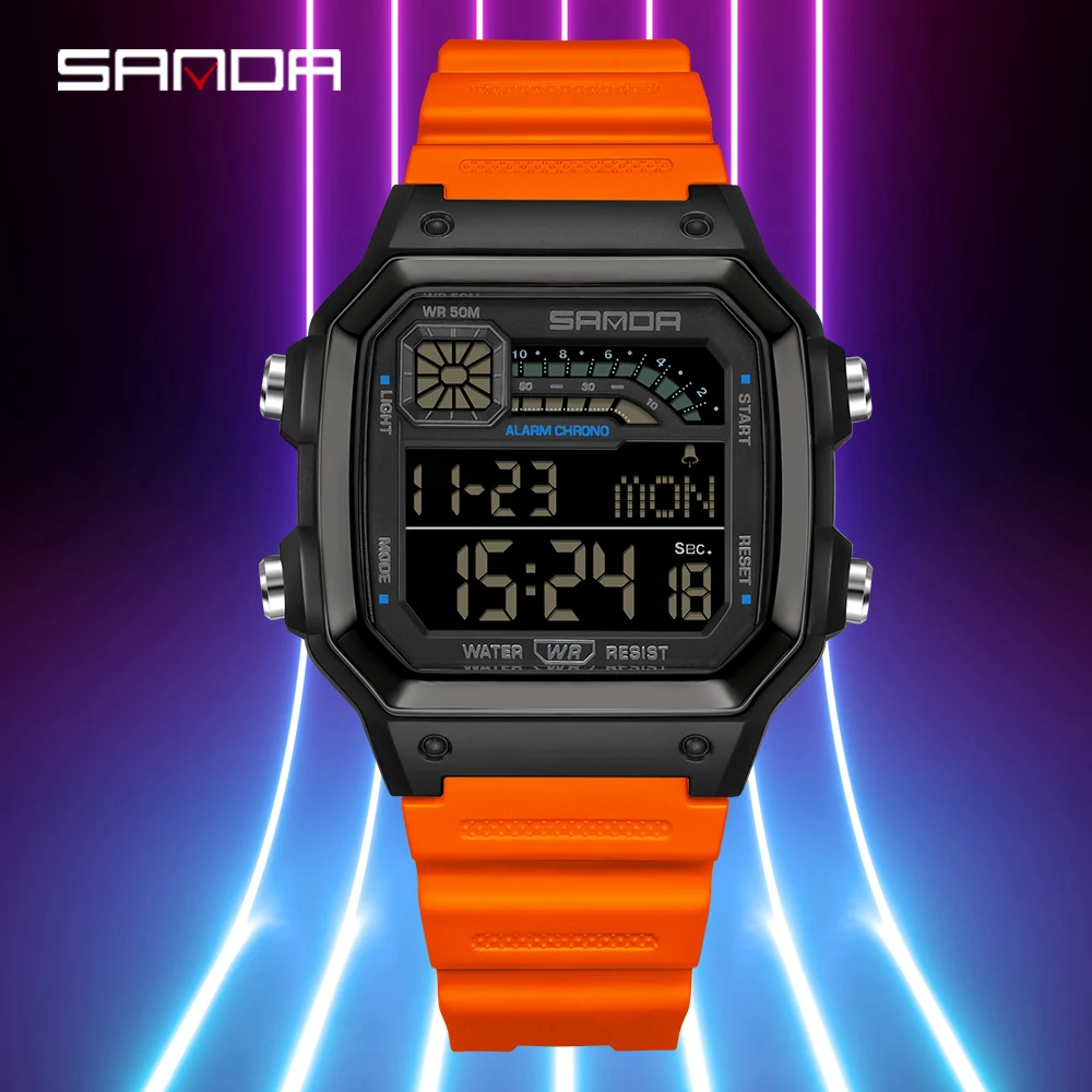 ساعة يد إلكترونية مربعة صغيرة للرجال من Fashion SANDA 6196، عد تنازلي رياضي مقاوم للماء، ساعة رقمية إلكترونية للطلاب
