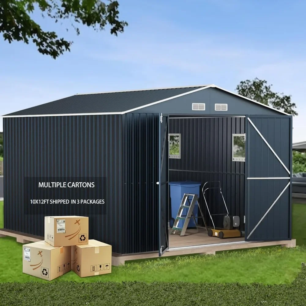 10X12X7.5 FT Outdoor Steel Storage Shed w/ Lockable Doors, 2 Window Accessories, and 2 Transparent Roof Panels, Ideal for Garden