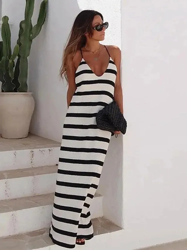 Women's V-Neck Spaghetti Strap Midi Dress Fashion Elegant Stripe Printed Dress Sleeveless Casual Loose Midi Dresses