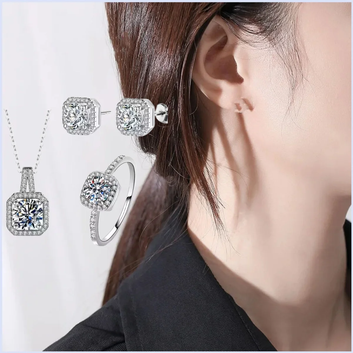 

Classic 4PCS 925 Sterling Silver Square Cubic Zircon Necklace Stud Earrings Ring Set Women Wedding Party Bridal Jewelry Gifts