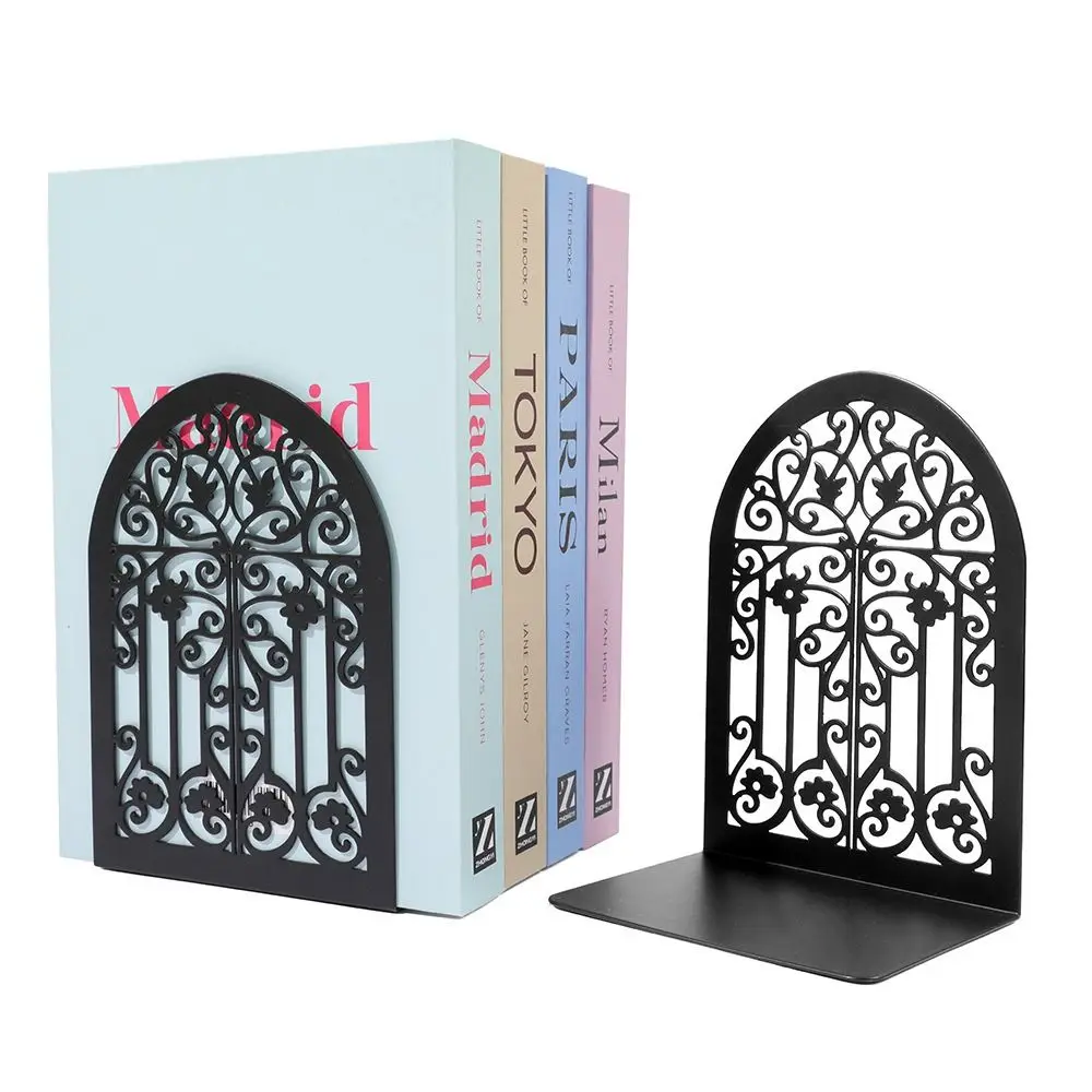 Premium Gothic Students Book Ends Openwork Design Freestanding Book Divider Holder Anti-Slip Sturdy Display Bookshelf Desk Decor