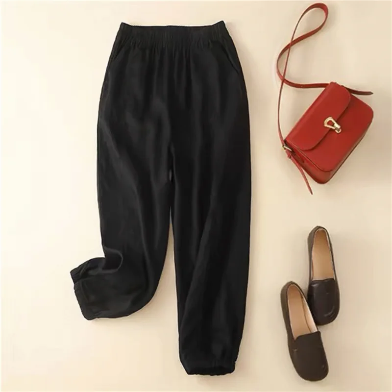 بنطلون فضفاض من القطن والكتان للنساء بألوان عصرية وتصميم كاجوال طويل للربيع والصيف جديد بخصر مرتفع وساق واسعة