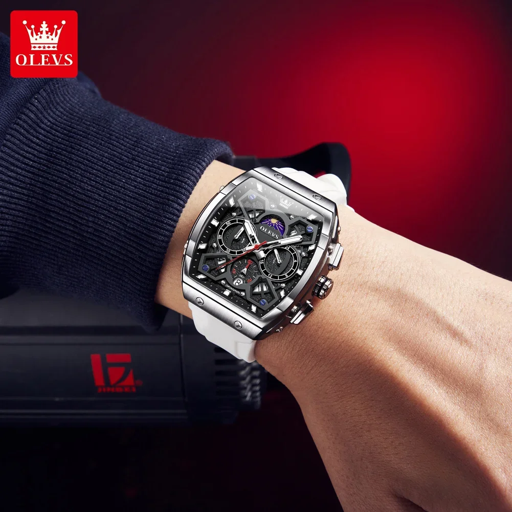 OLEVS 2942 ساعة رجالية بحزام سيليكون تونيو تصميم قرص متعدد الوظائف ساعة كوارتز للرجال مرحلة القمر التقويم ساعة كرونوغراف