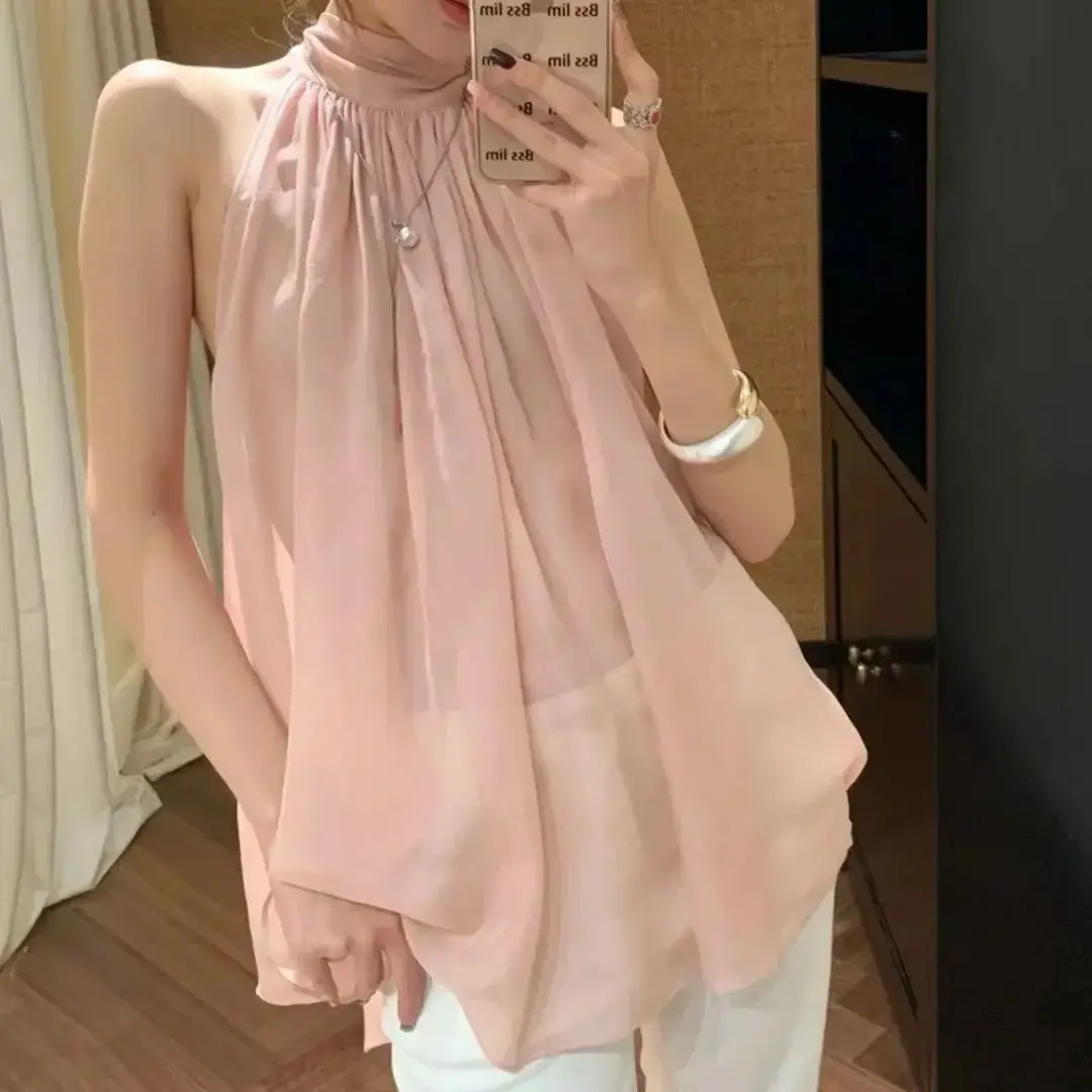 100% Silk Women Pink Ribbon Vest tops Stand Collar Sleeveless Elegant fashion Tank Tops