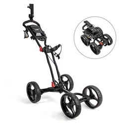 PLYEAGLE Foldable 4-Wheel Golf Trolley with Fixed-point Brake Umbrella Holder Aluminum Alloy Golf Bag Push Pull Cart Trolley