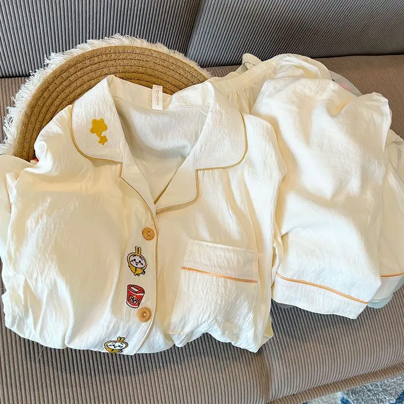 

Женская пижама Chiikawa с принтом, весна-осень-лето, хлопок, с длинными рукавами и брюками, комплект из двух предметов, милая домашняя одежда