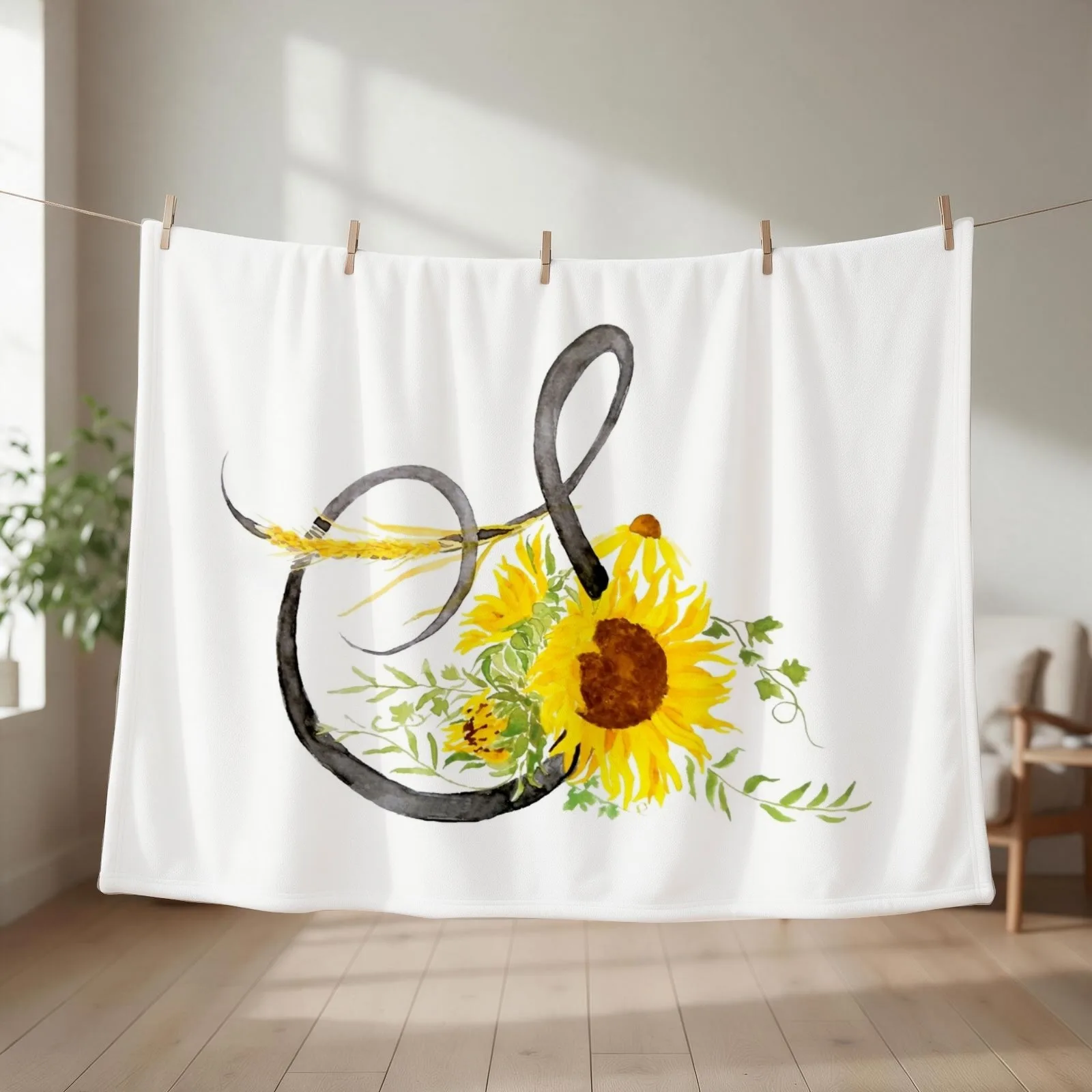 hand painted letter S calligraphy sunflower watercolor Throw Blanket couch cozy soft plush fuzzy picnic outdoor blanket