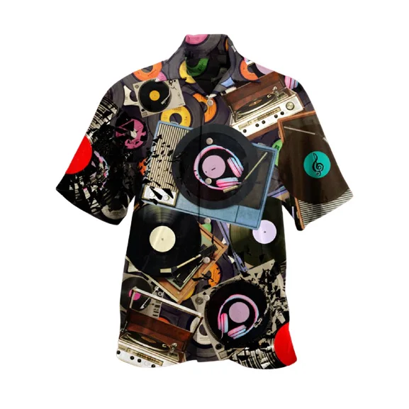 2024 New Men's 3D Printed Guitar Music Print Button Hawaiian Shirt Men's Fashion Casual Lapel Single Breasted Shirt