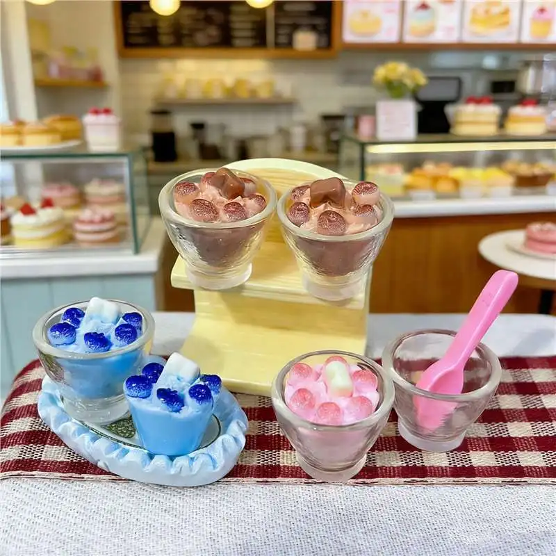 1/12 3PCS Miniatura de Comida para Casa de Muñecas, Decoración de Escena de Juego, Mini Tazón de Yogur Crujiente de Chocolate, Accesorios de Juguete para Muñecas