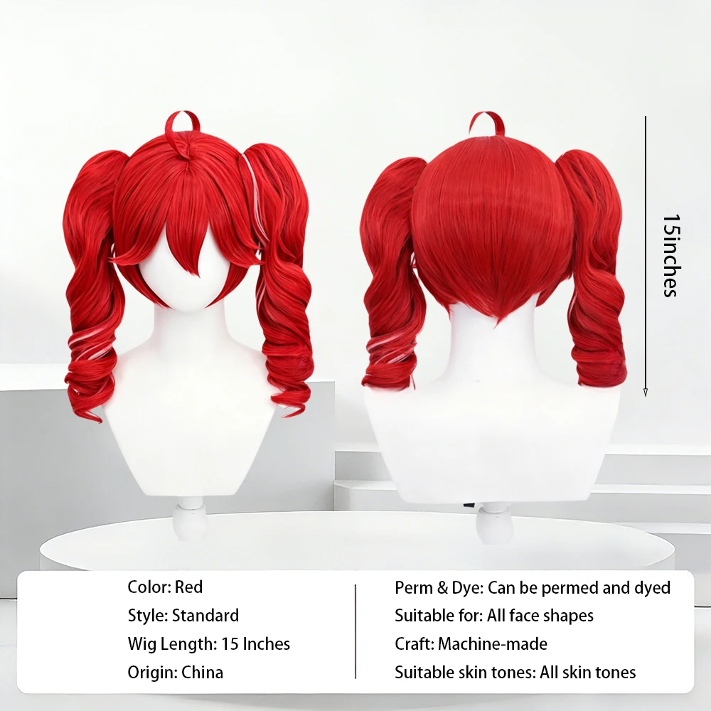 Red Long Curly Pigtail Wig with White Streaks 15 Inches Heat Resistant Synthetic Hair Adjustable Cap for Cosplay & Daily Use
