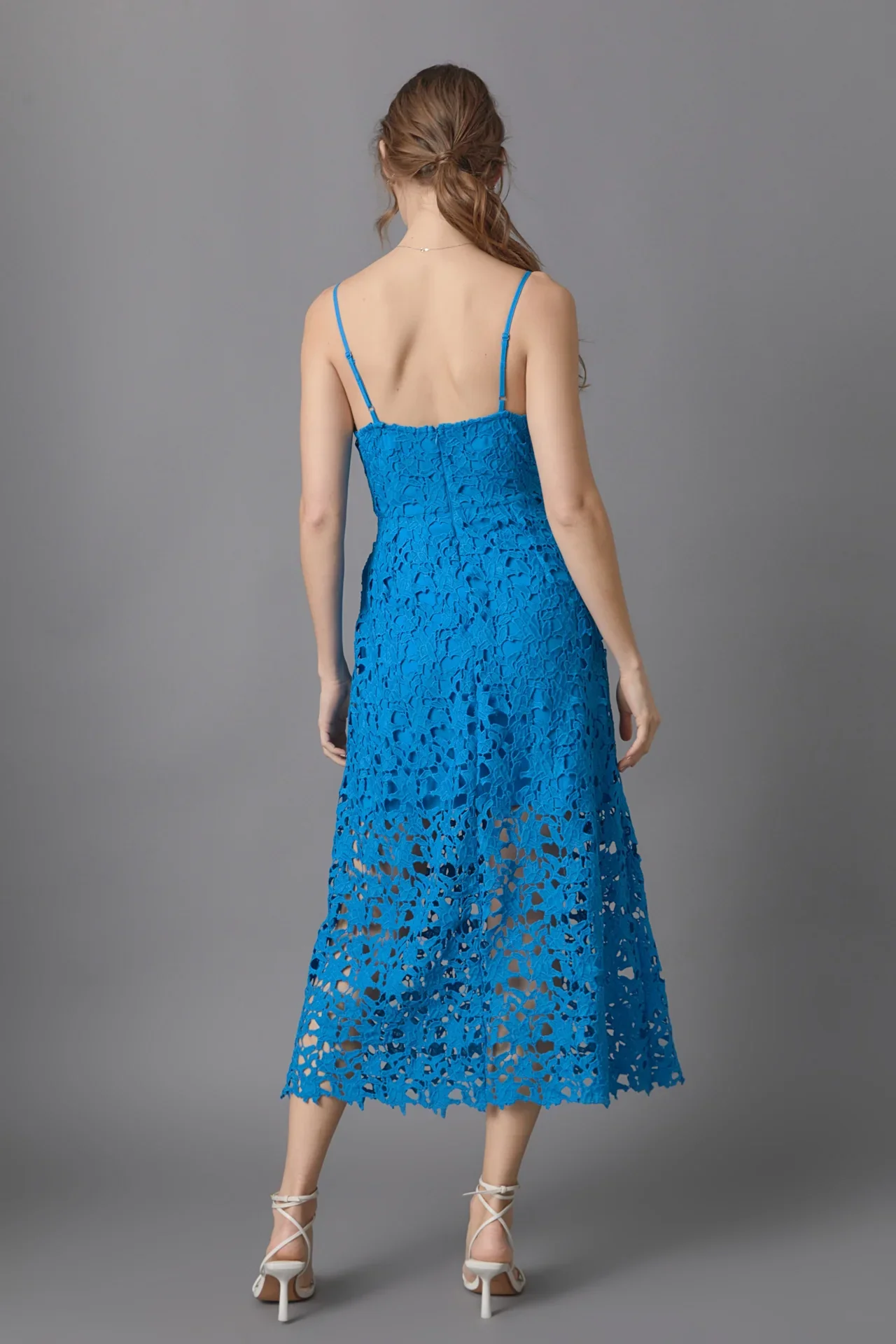 Słodka, wyszczuplająca sukienka midi z wysokim stanem, w kształcie litery A, z wielokolorową koronką, na ramiączkach, z włókna poliestrowego, idealna na lato, do pracy i na co dzień.