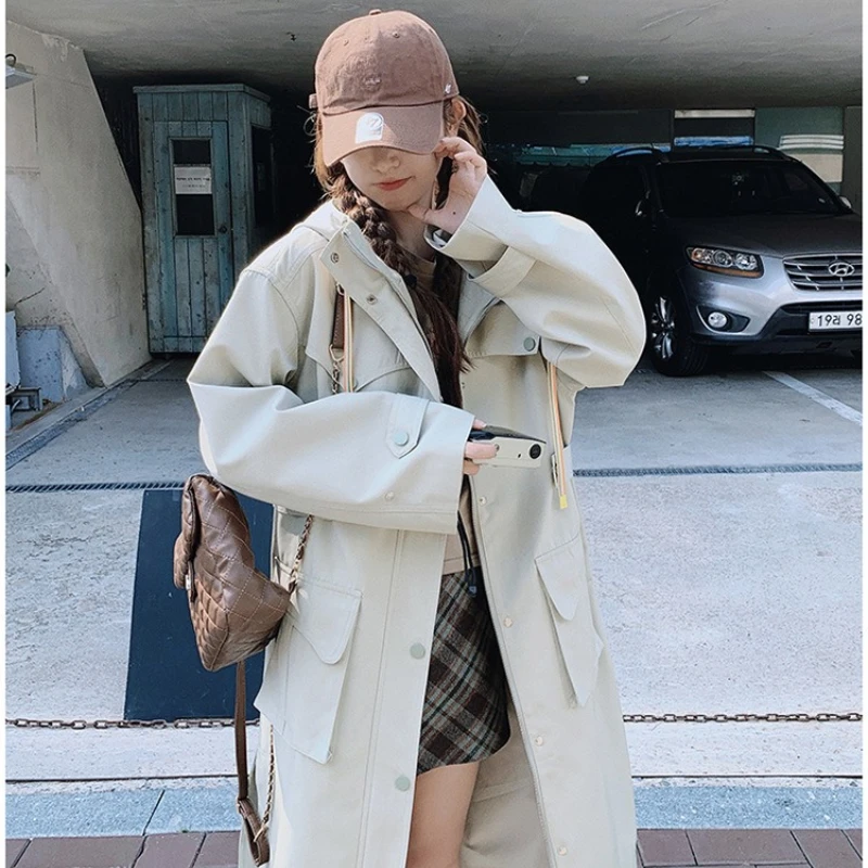

2025 New Women Hooded Trench Coat Korean Style Casual Long Workwear Jacket Spring Autumn Fashion