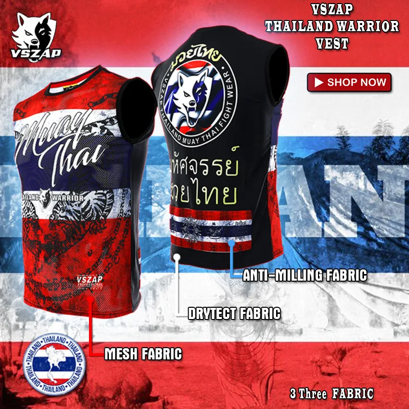 Vszap Thailand Tiger t-shirt Muay Thai bez rękawów Stretch szybkoschnący kamizelka treningowa męska walka Fitness taktyka MMA