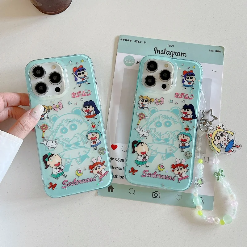 

Luxury cartoon Cute Crayon Shin-chan Bling Glitter Phone Case For iPhone 13 14 15 16 Pro Max Funny Shin-chan Glitter Lanyard